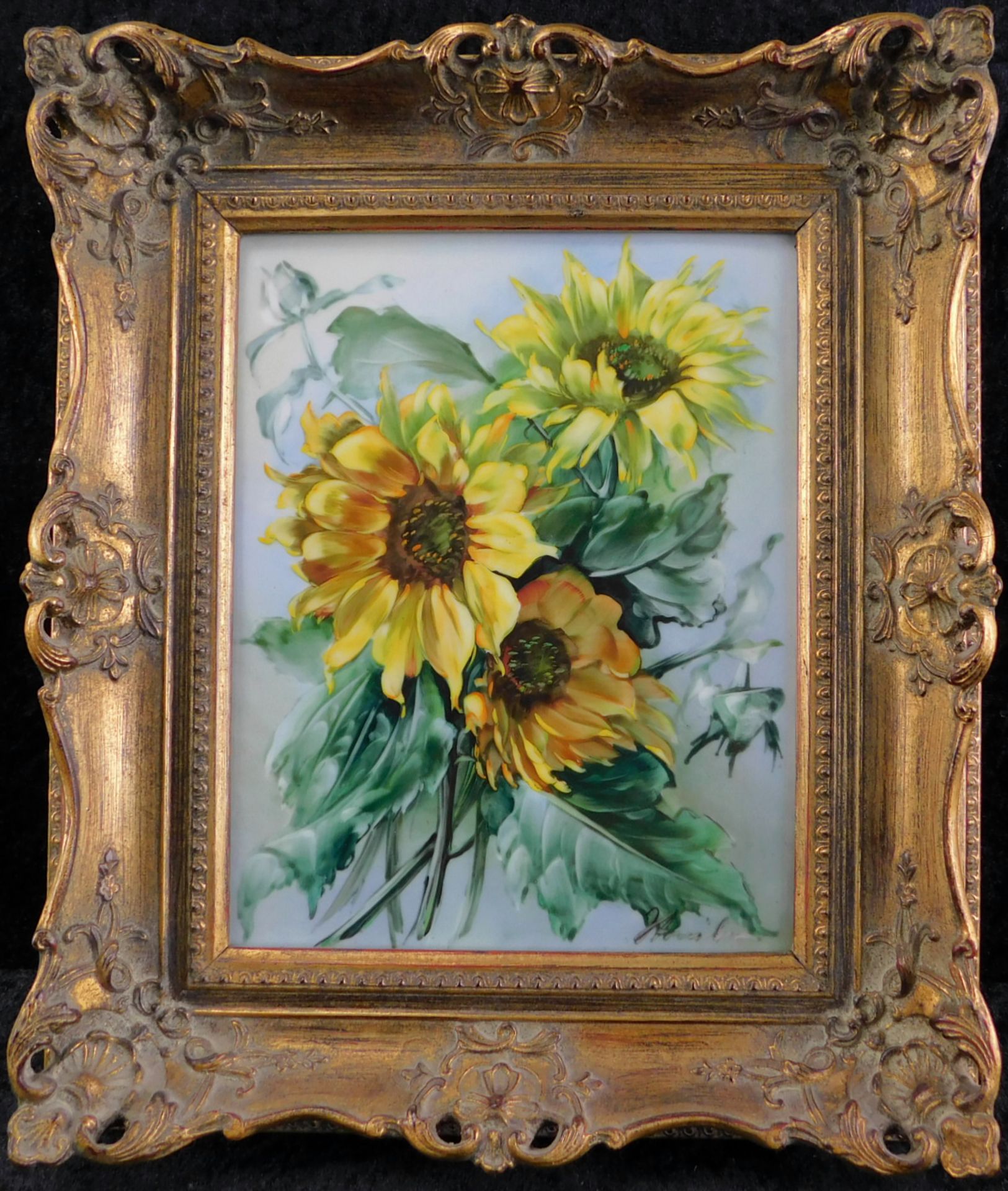 Porzellanbild handgemalt, Rosenthal, 1950er Jahre, Nr. 1 Sonnenblumen, signiert unten rechts, m.