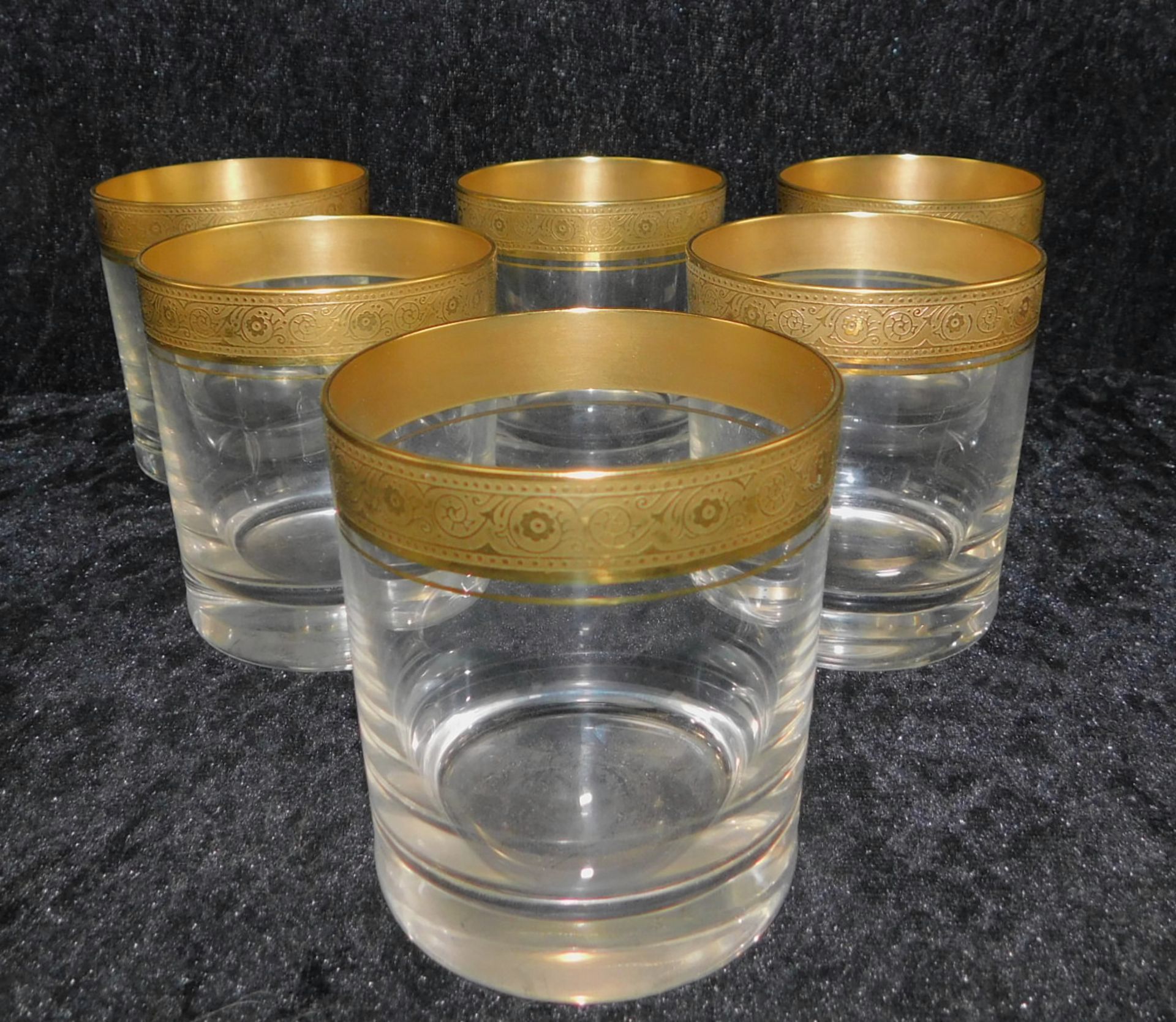 Theresienthal, 6 Gläser, Kristallglas geschliffen, Echtgold-Lippenrand, h: 7,5 cm, Ø 7 cm, Bes