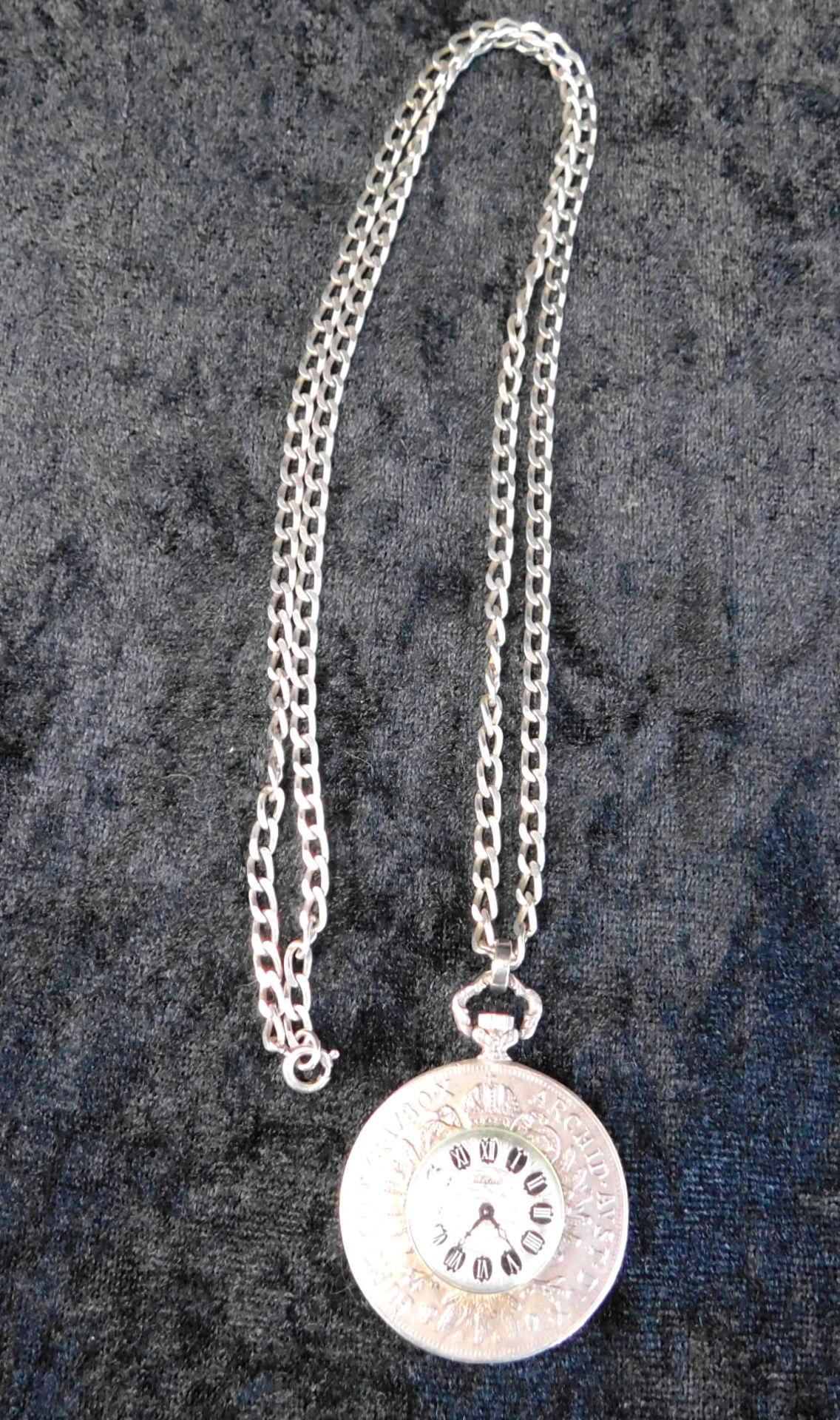 Taschenuhr ELSTAR, 835 Silber, eingearbeitet in einen Maria-Theresien-Taler Kette 925 S - Image 3 of 3