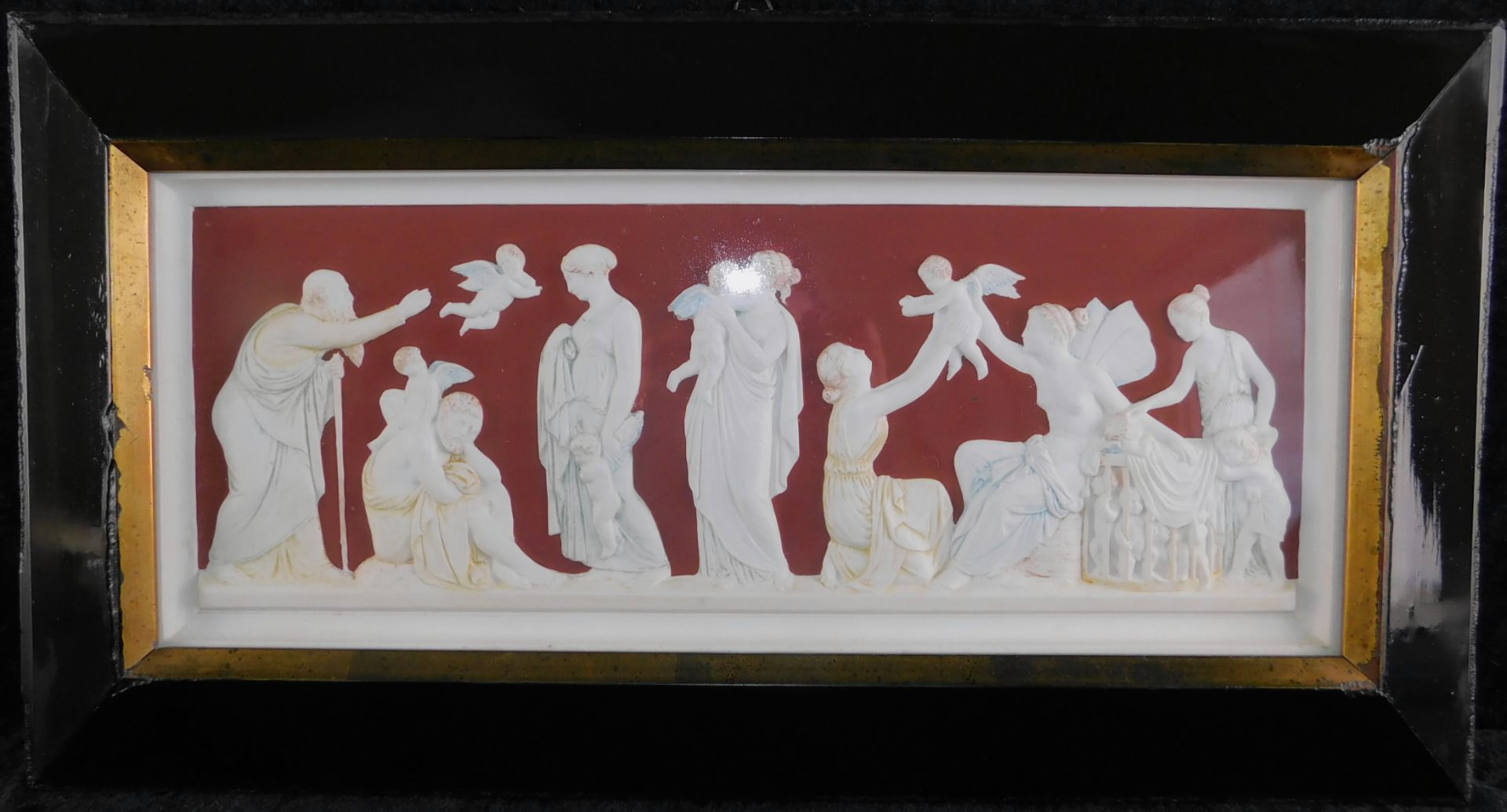 Reliefbild hinter Glas, mythologische Darstellung, Alabaster, um 1900, Reste alter Fassung, 31 x