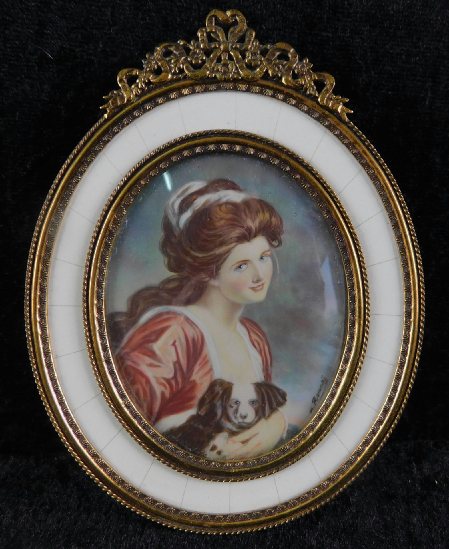 Miniatur, Porträt mit Hund, Ölmalerei in ovaler Elfenbein- Messingrahmung, 14 x 10,5 cm<br