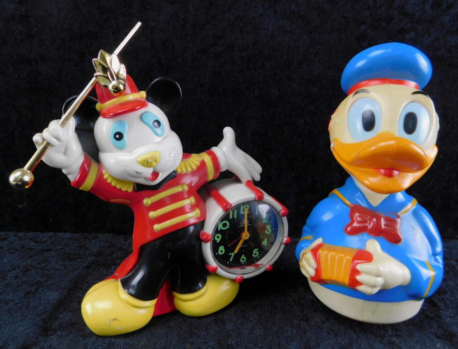 Disney Figuren, Donald Duck Stehaufmännchen 1950er Jahre, Mickey Mouse Wecker 1989Don