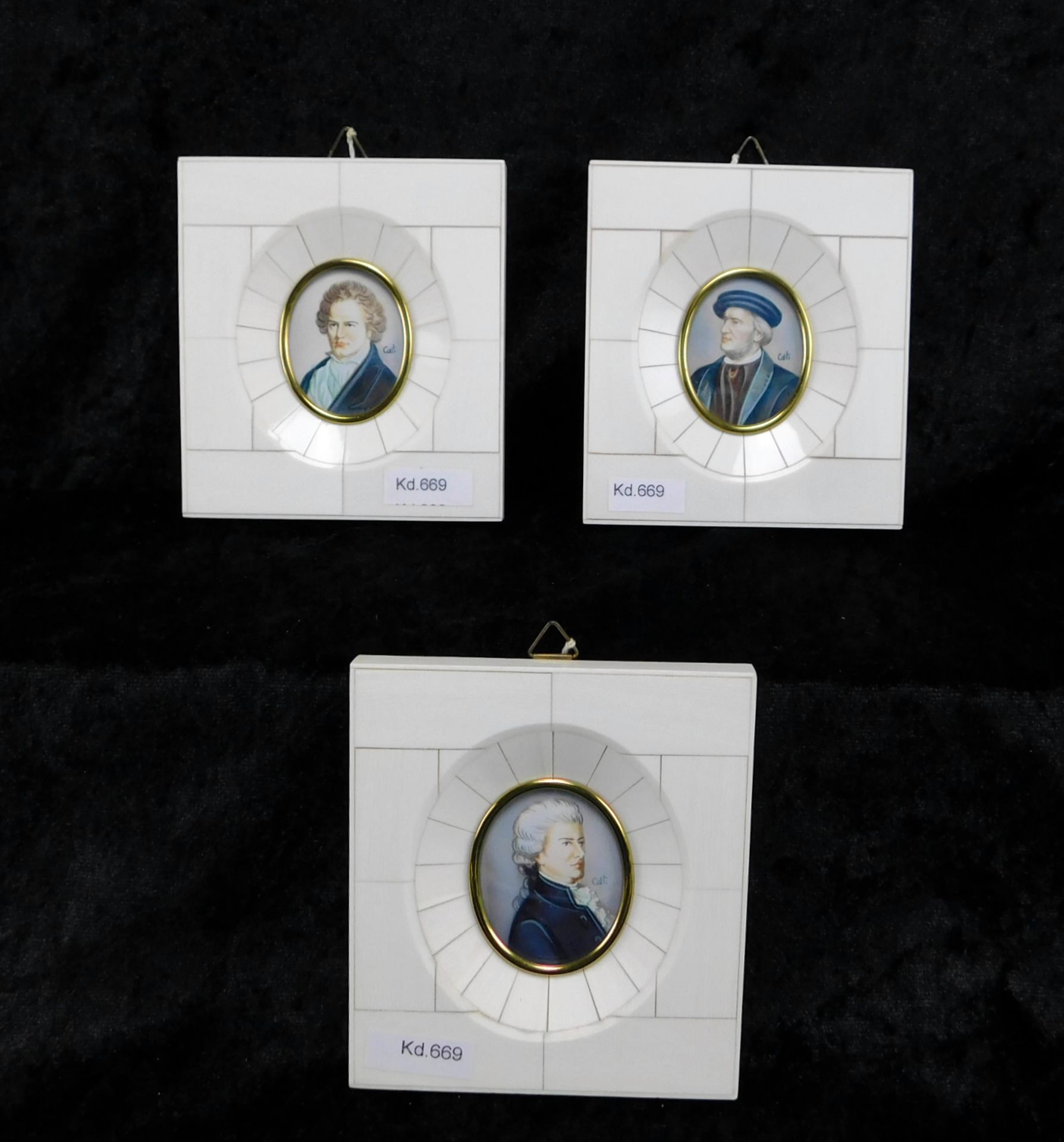 3 Miniaturen, Porträts Beethoven, Mozart, Wagner, Ölmalerei auf Elfenbein, in Elfenbein-Rahmung