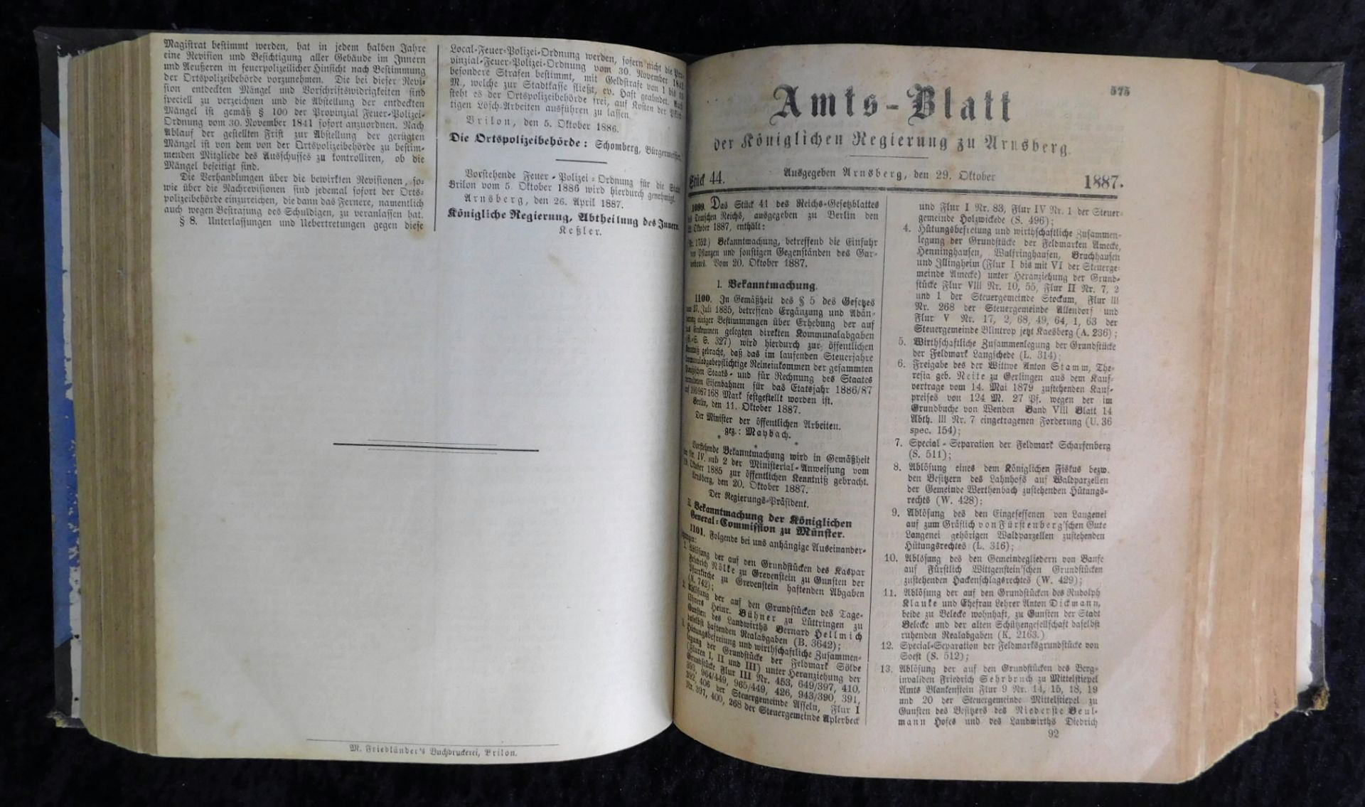 Amtsblatt d. Königl. Regierung Arnsberg, Jahr 1887, Friedländer Buchdruckerei, Brilon