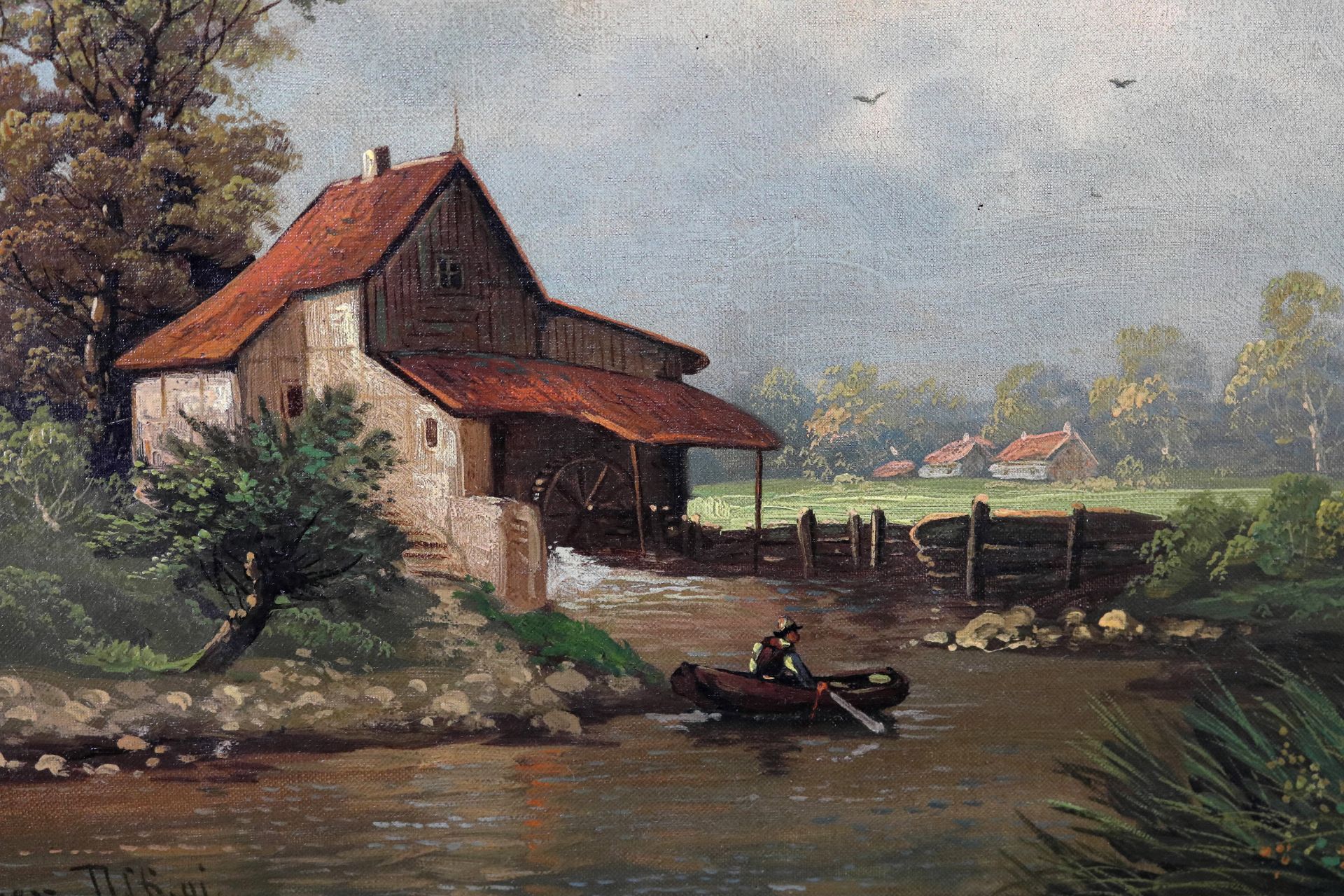 H. Berger, Ddf. 1.H.20.Jh. "Mann im Boot auf Fluss", sig., dat. u. Ortbez., Öl/Leinwand, - Bild 2 aus 4