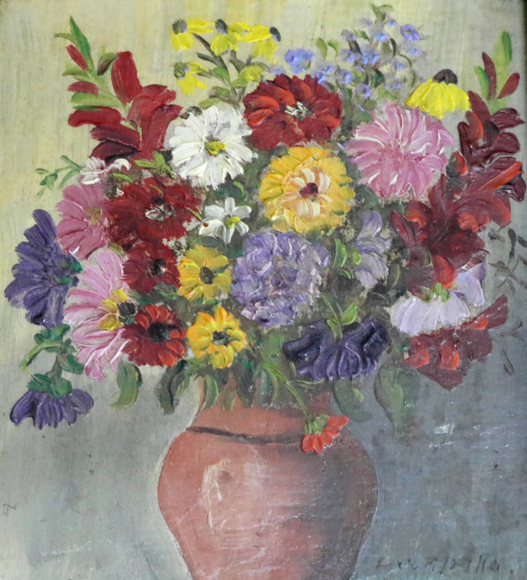 Unbekannter Künstler, kl. Stillleben, "Blumenstrauß in Tonvase", 20. Jh. - Image 2 of 4