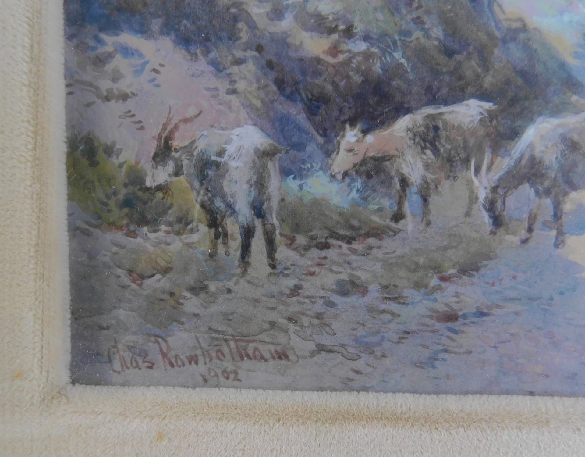 Ch.E. Rowbotham, engl. *1856-1921, "Rast am Bergsee" , sig. u. dat. 1902, 40,5 x 70,5 cm, m.R. - Bild 3 aus 6