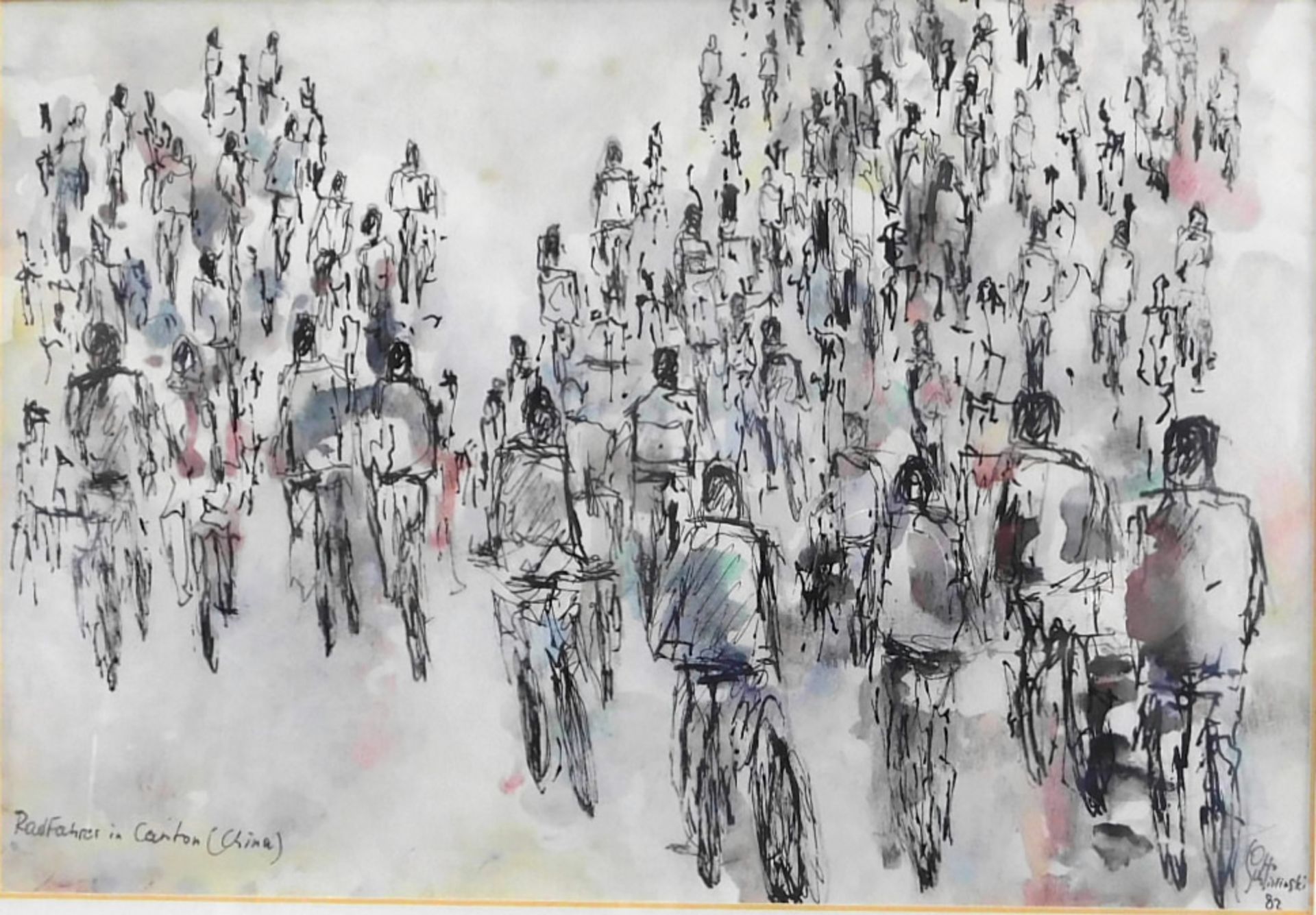 Otto Schliwinski, *1928, aquarell. Tuschzeichnung "Radfahrerin in Canton (China)" sig.