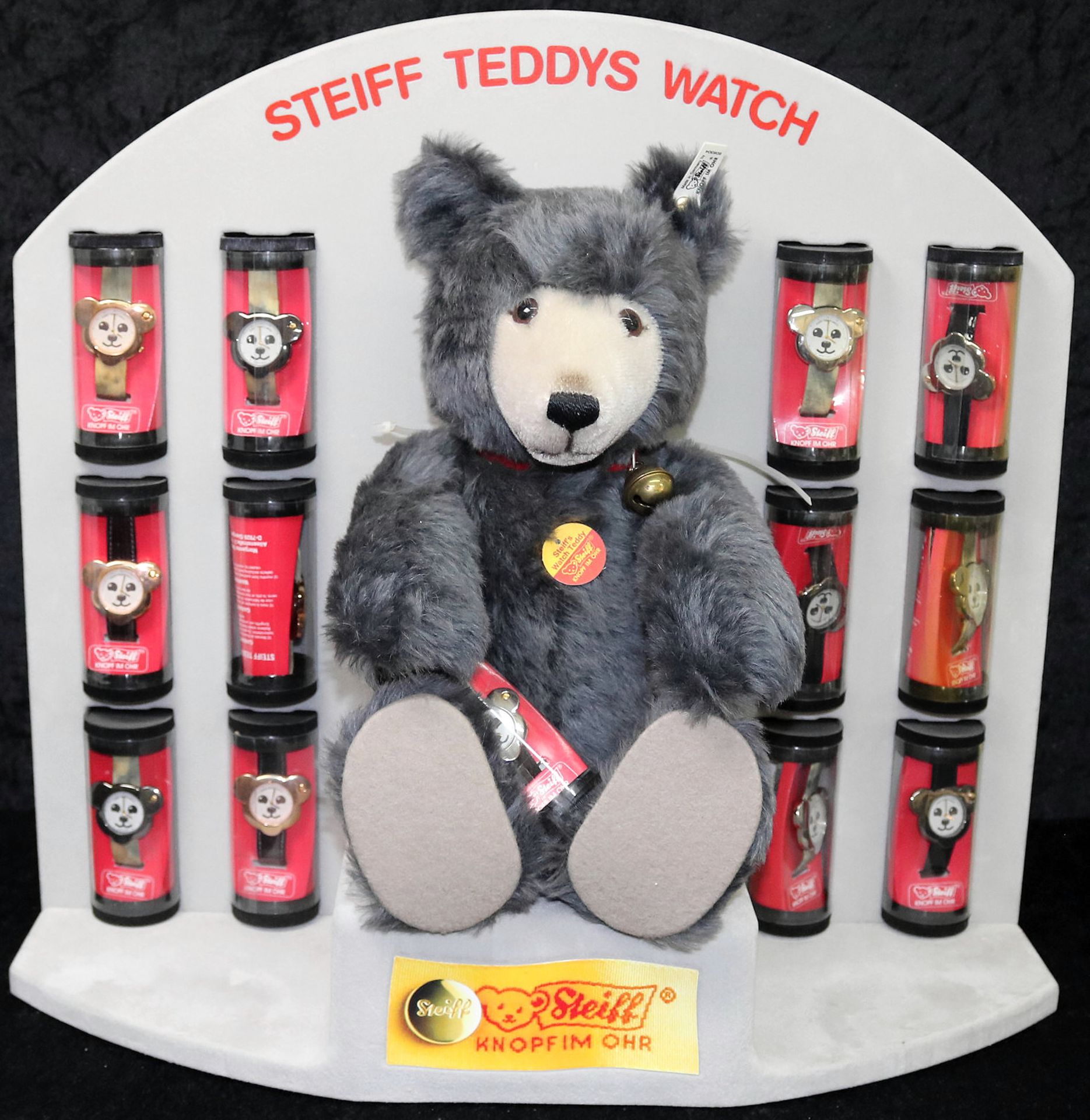 Steiff Watch Teddy mit 13 Steiff-Uhren in originalem Display, 1992, unbespielter Original-Zustand