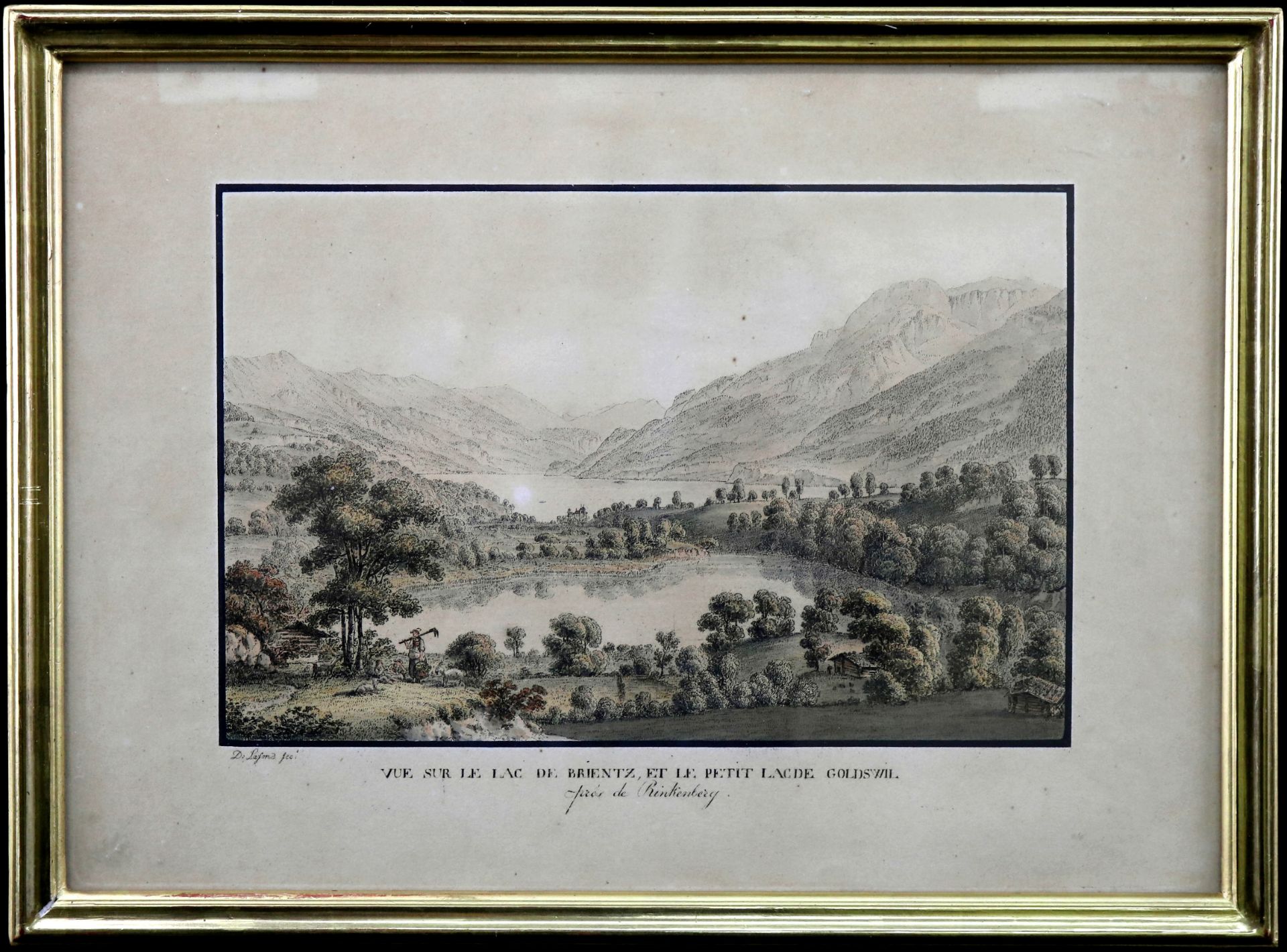 Kupferstich Simon Daniel Lafond (*1763-1831) "Vue sur le Lac de Brientz, et le petit Lac de Goldswil