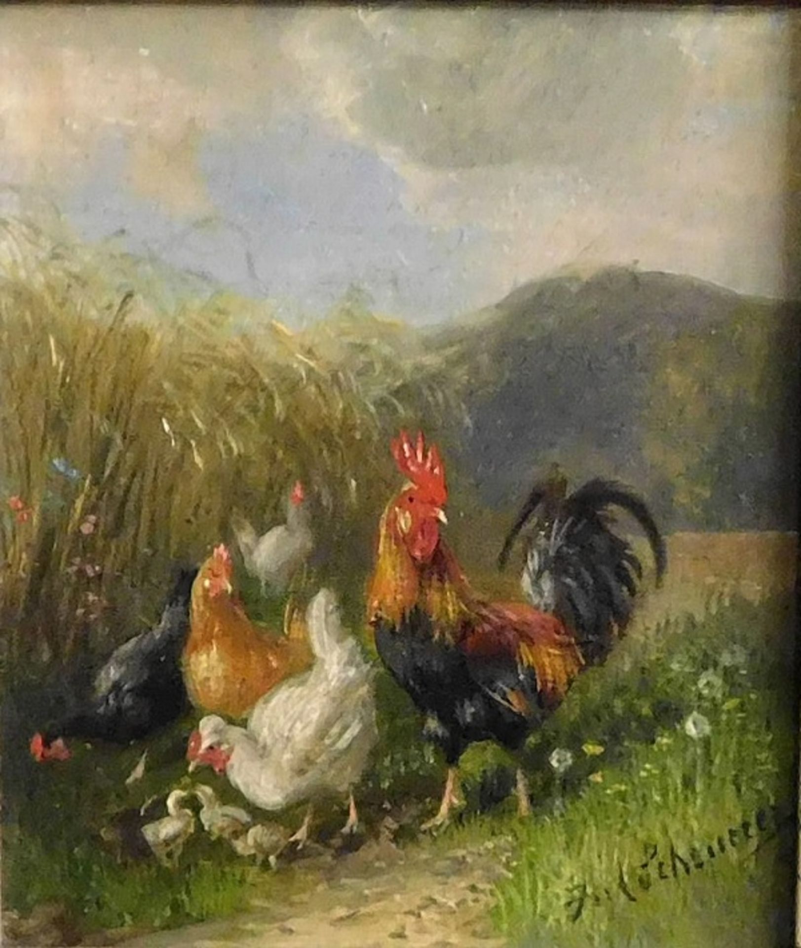 Julius Scheuerer *1859 München- 1913 Planegg, "Hühner im Feld" Öl/Platte, sig., 12,5x11,5 cm, R.