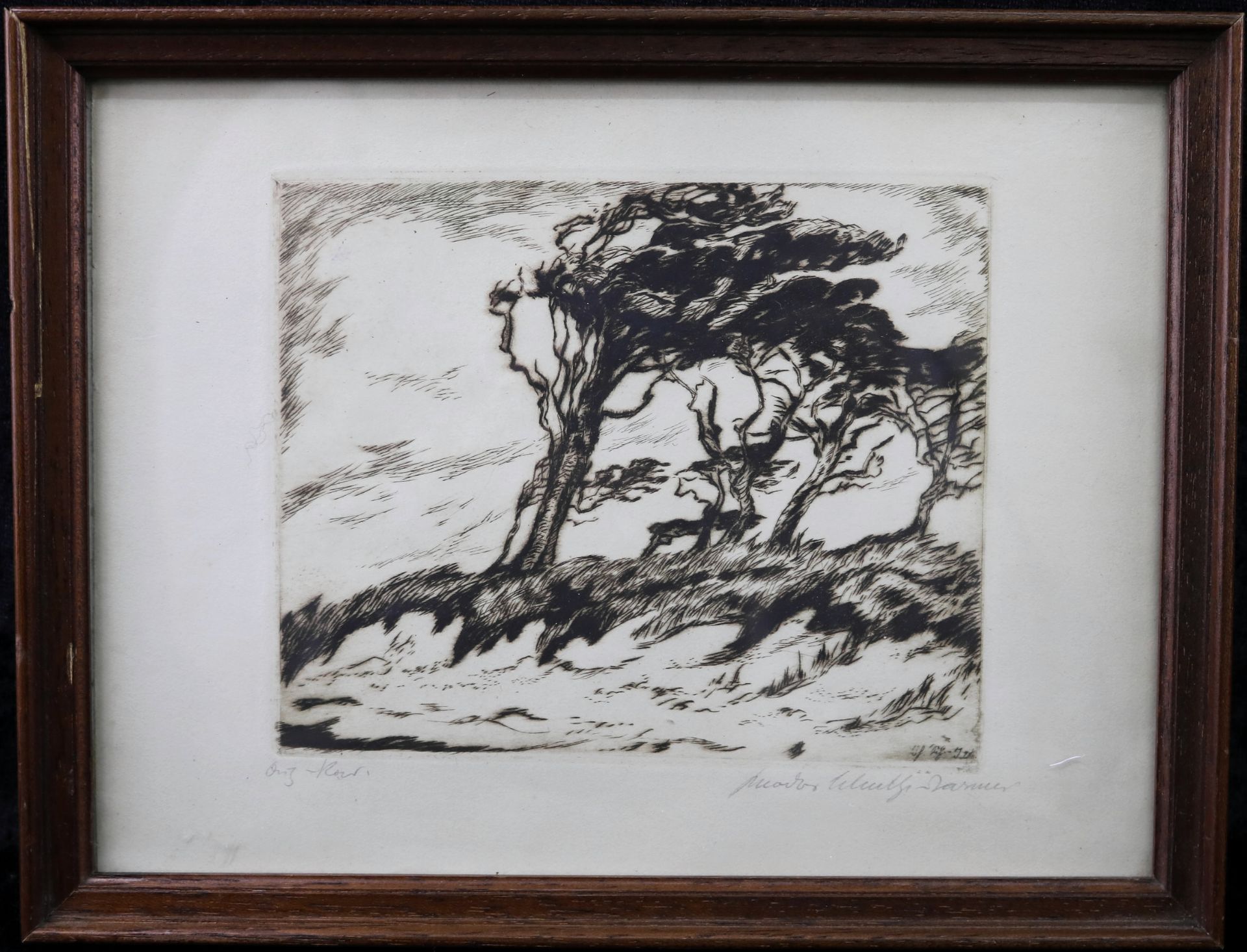 Radierung "Landschaft", im Stock undeutl. sign., Rückseite dat. "1939 am Meer", 12,5 x 15 cm