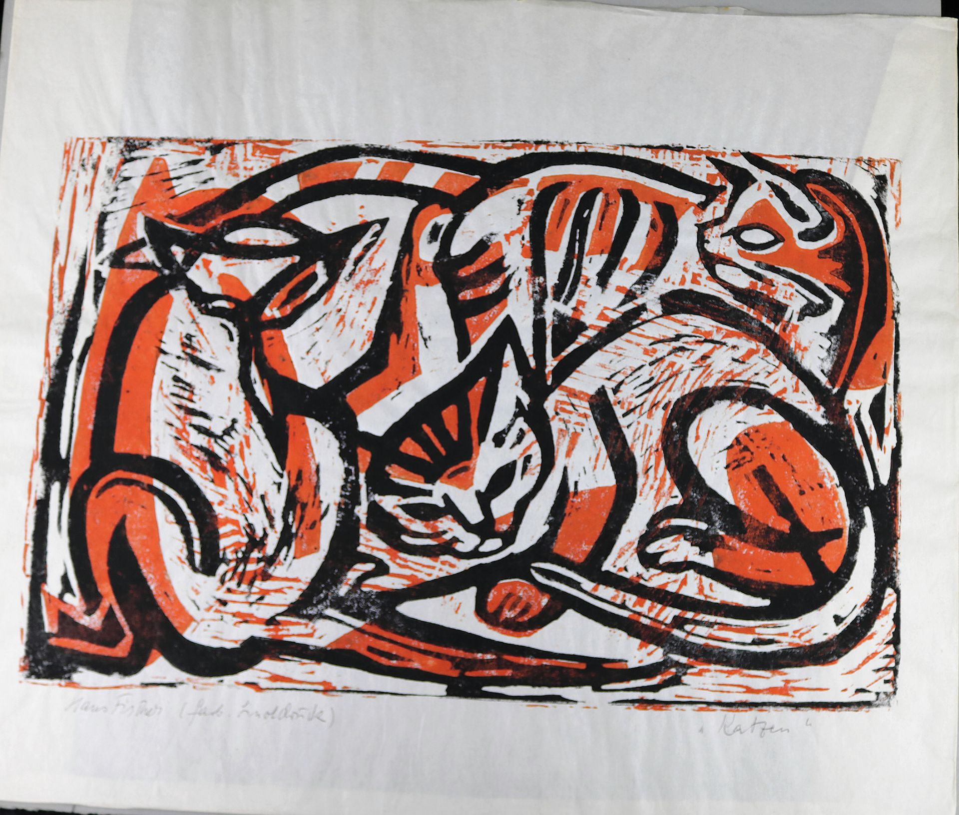 Hans Fischer *1909 Genf- 1958 Interlaken, Farblinoldruck "Katzen", u.li. signiert, 34 x 52 cm