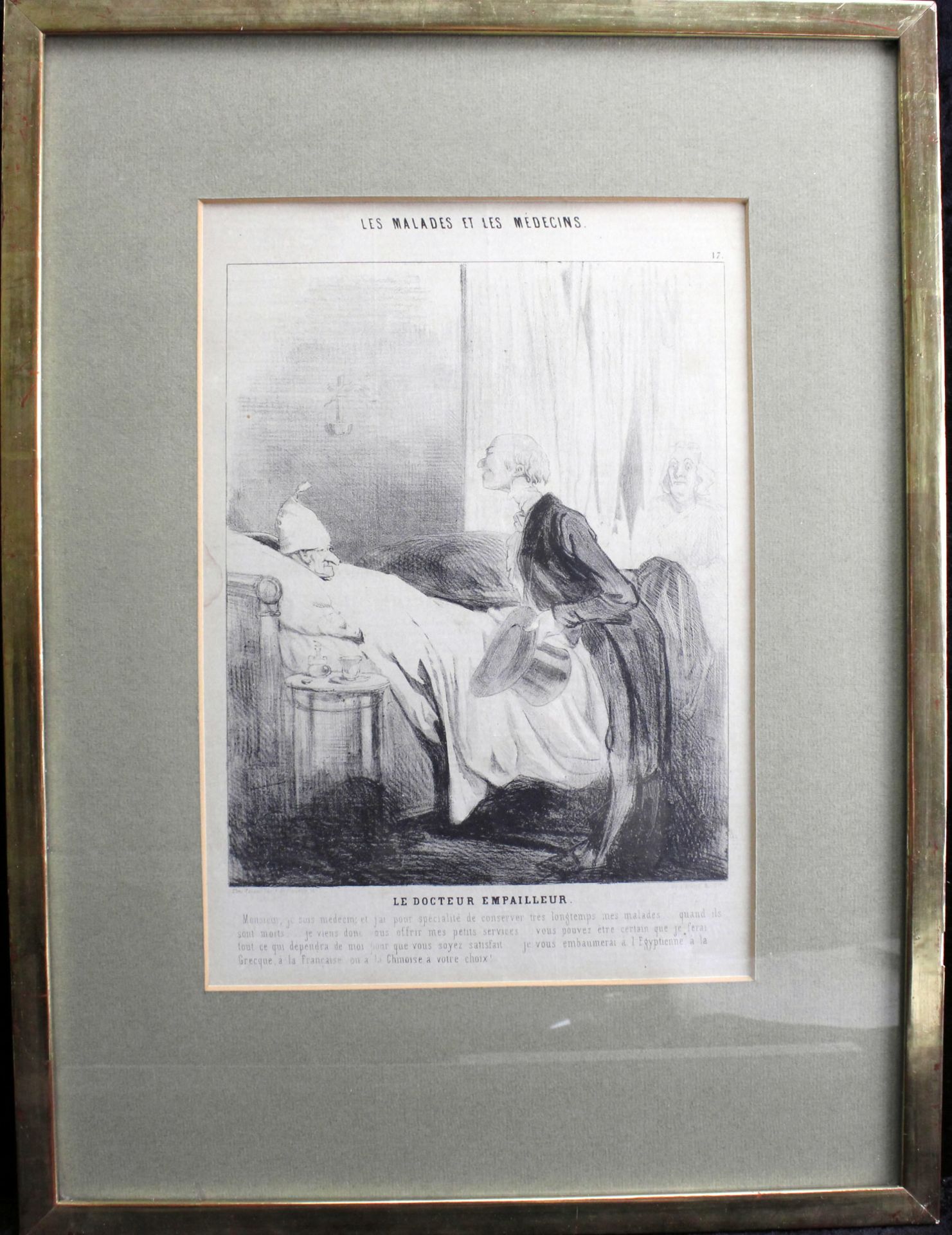 Lithographie um 1870 a. d. Serie "Les malades et les medicins" Titel "Le docteur empailleur" 30,5 x