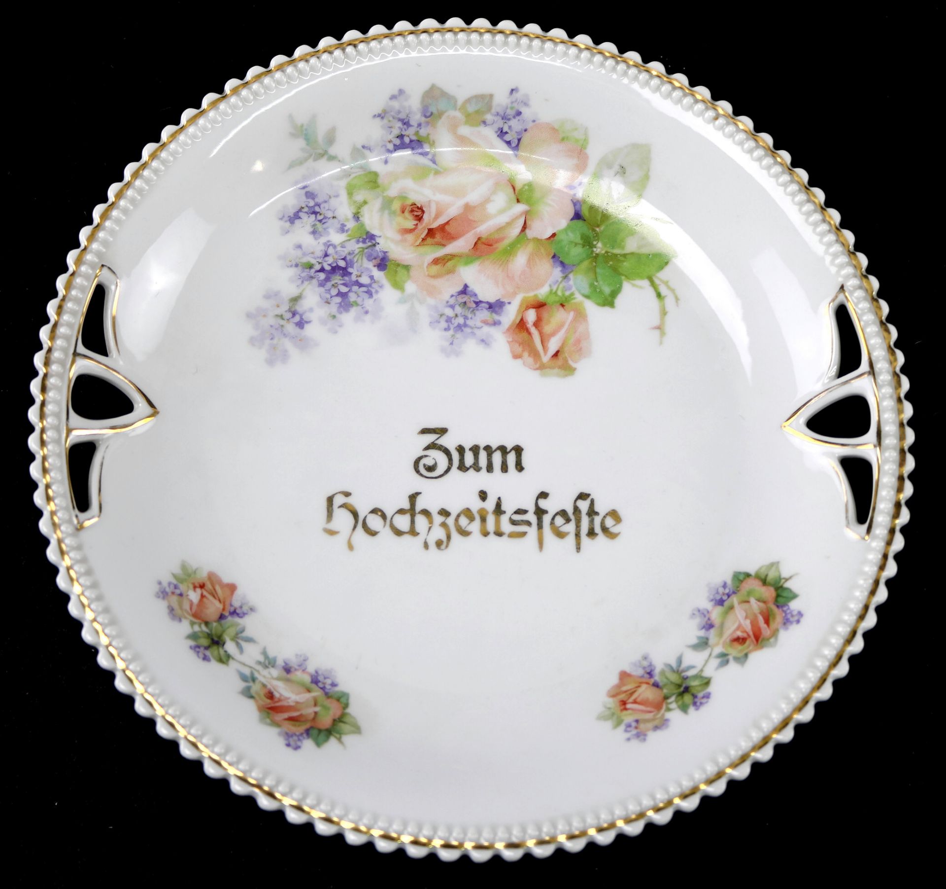 Königszelt Schlesien, Hochzeitsteller "Zum Hochzeitsfeste", Blumendekor, 1914-1922
