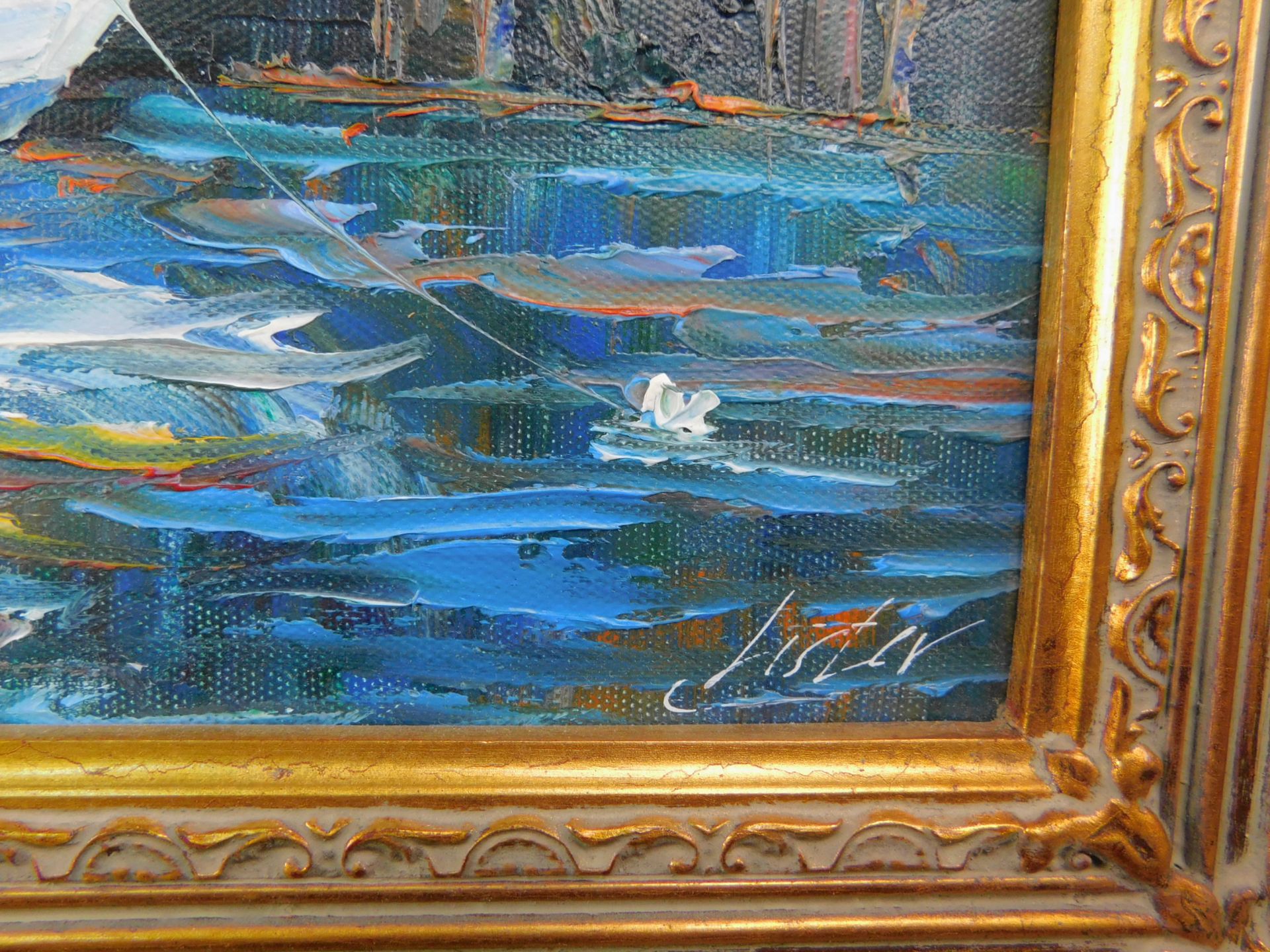 Gemälde Öl/ Leinwand "Mediterrane Ansicht mit Booten" signiert Lister, 20.Jh., 30 x 40 cm - Image 3 of 3