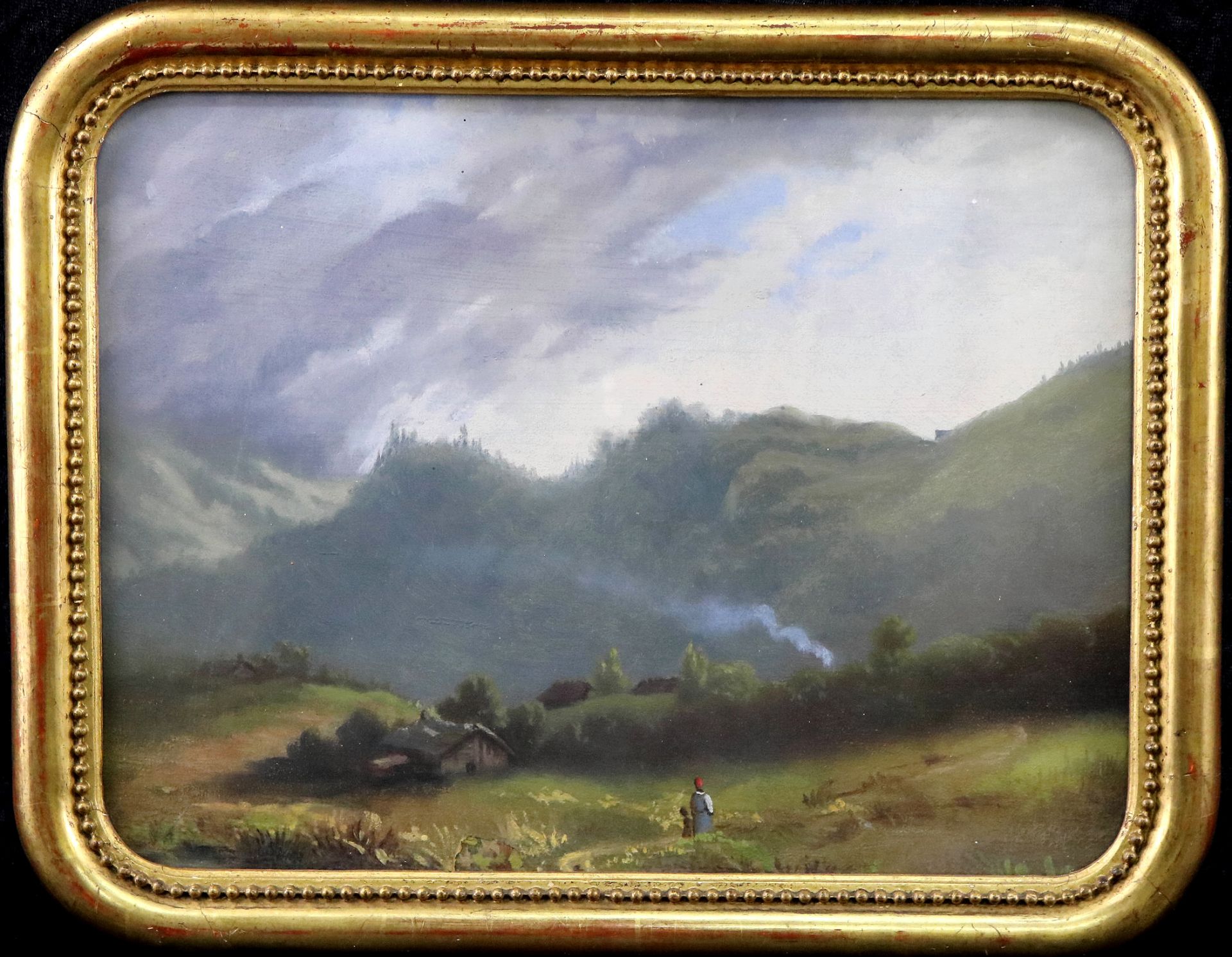 Unbek. Künstler, Landschaft Champéry (Schweiz), Mischtechnik/Platte, um 1860, 25 x 32,5 cm
