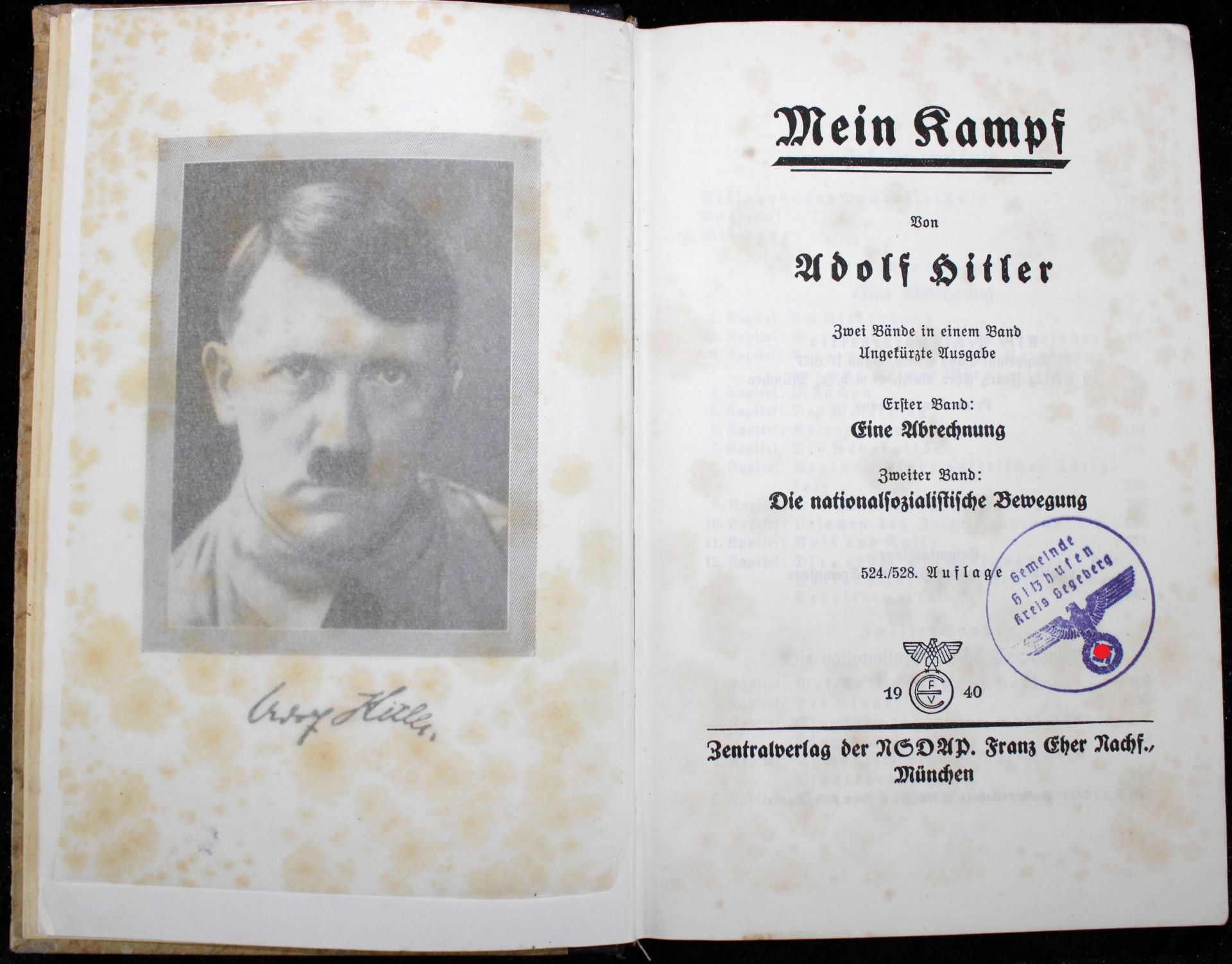 Mein Kampf, Adolf Hitler, Hochzeitsausgabe 1940, Widmung Bürgermeister Gem. Hitzhusen - Image 3 of 3