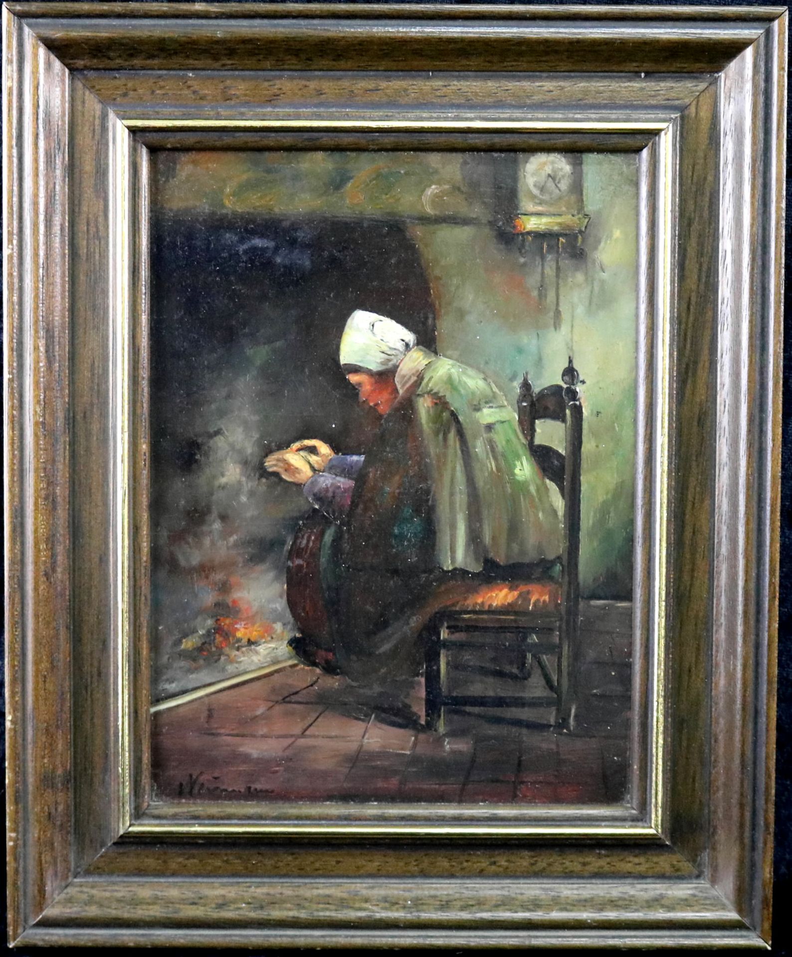 Arthur Neumann (*1873-?) "Frau am Kaminfeuer", sign., Öl/Leinwand, 24,5 x 18 cm