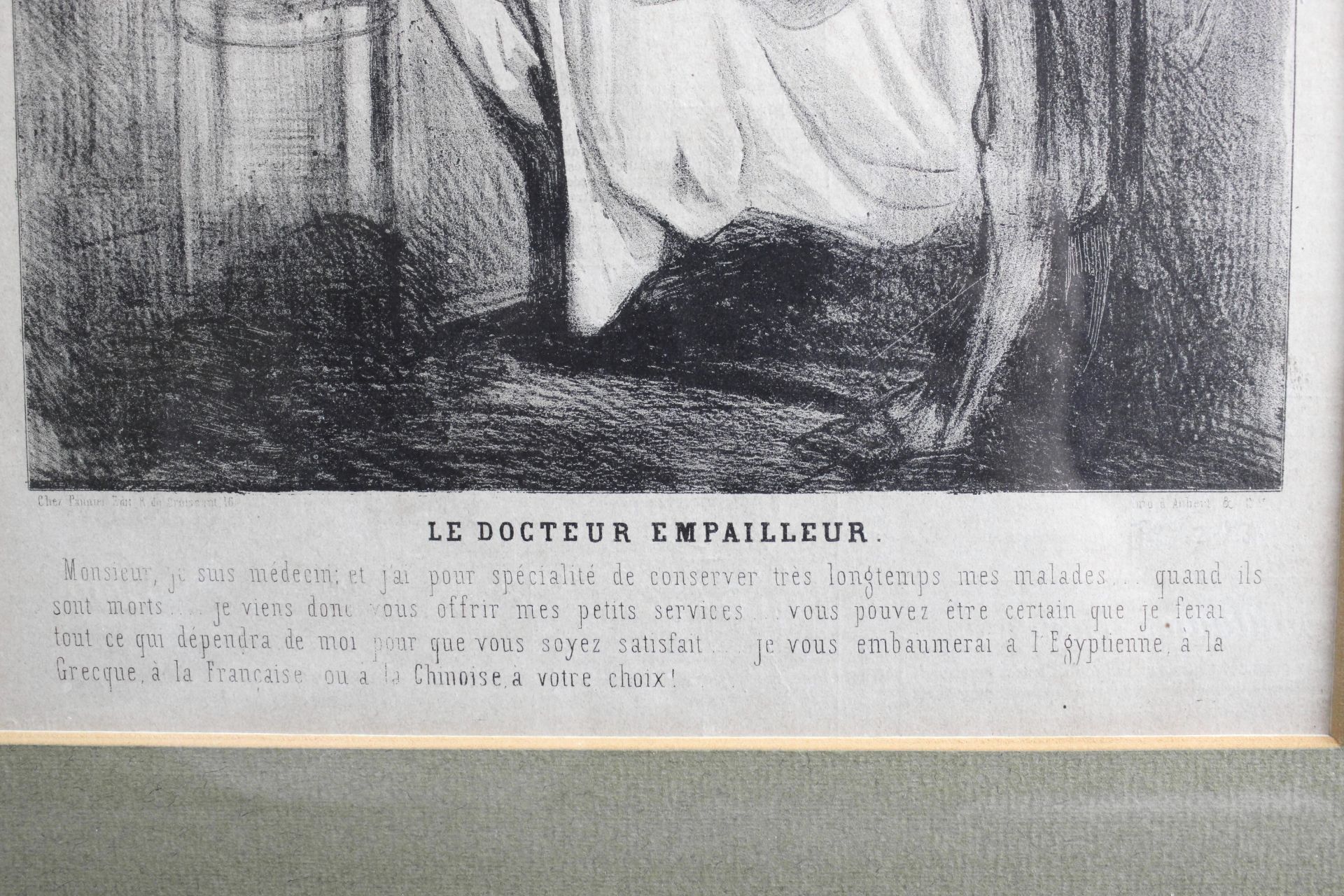 Lithographie um 1870 a. d. Serie "Les malades et les medicins" Titel "Le docteur empailleur" 30,5 x - Bild 3 aus 3