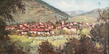 Arturo Bonanomi (1920-2010), Blick auf eine italienische Stadt in einem Tal, sign., Öl/Lwd. 58 x 118