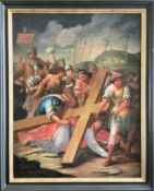 Unbekannter Künstler, Kreuzweg, 19. Jh., Christus, unter dem Kreuz gefallen, umgeben von Soldaten, Ö
