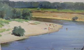 Jakov Dorofeevic Romas (1902-1969) zugeschr., Flusslauf mit Badenden am sandigen Ufer, sign. und dat