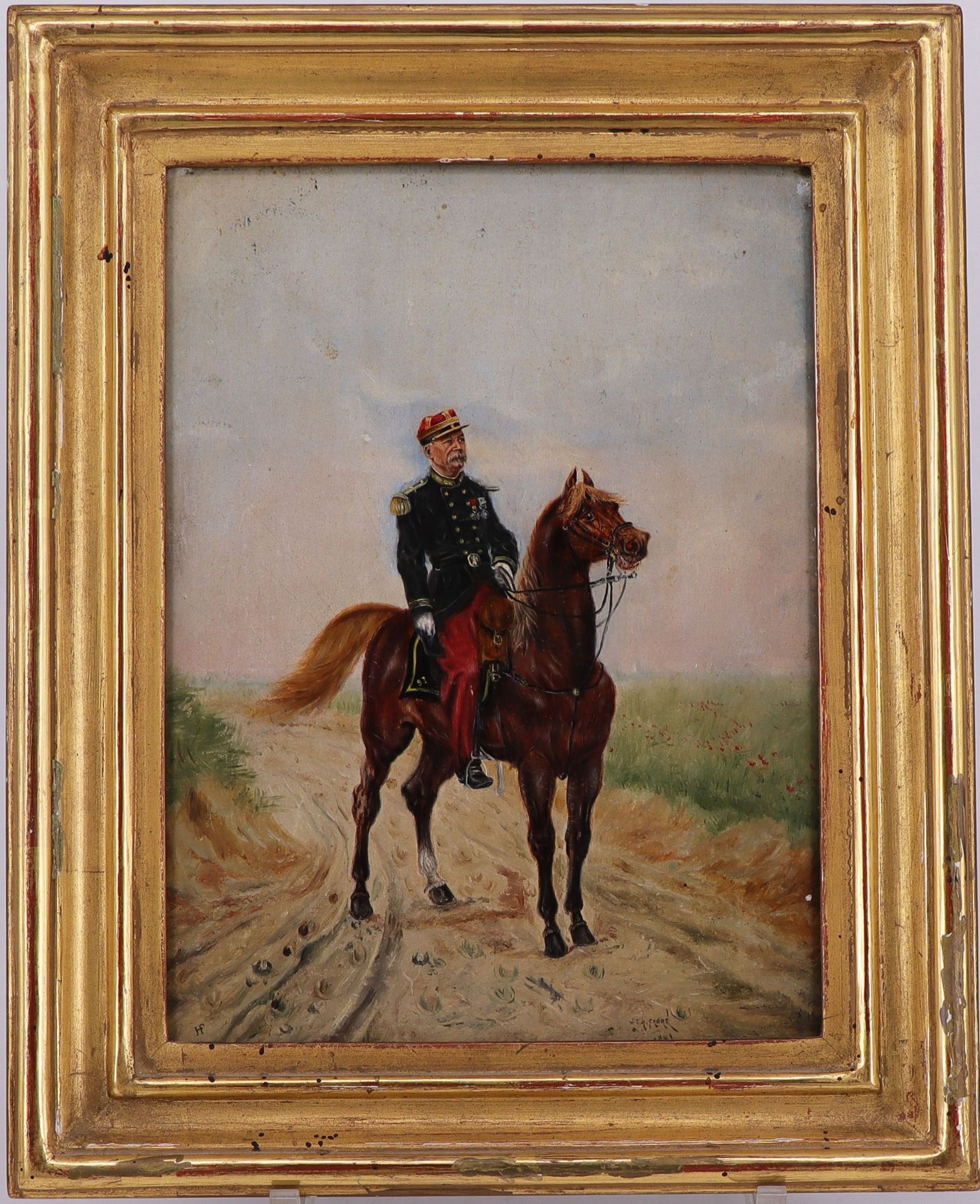 Unbekannter Maler, Offizier zu Pferde, signiert "J E R Fabré" und datiert "1891", Öl/Holz 20 x 15 cm - Bild 4 aus 5