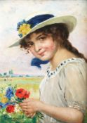 Robert Voelcker (Dohna 1854 - 1924 München), Portrait einer jungen Frau bzw eines Mädchens mit Hut u