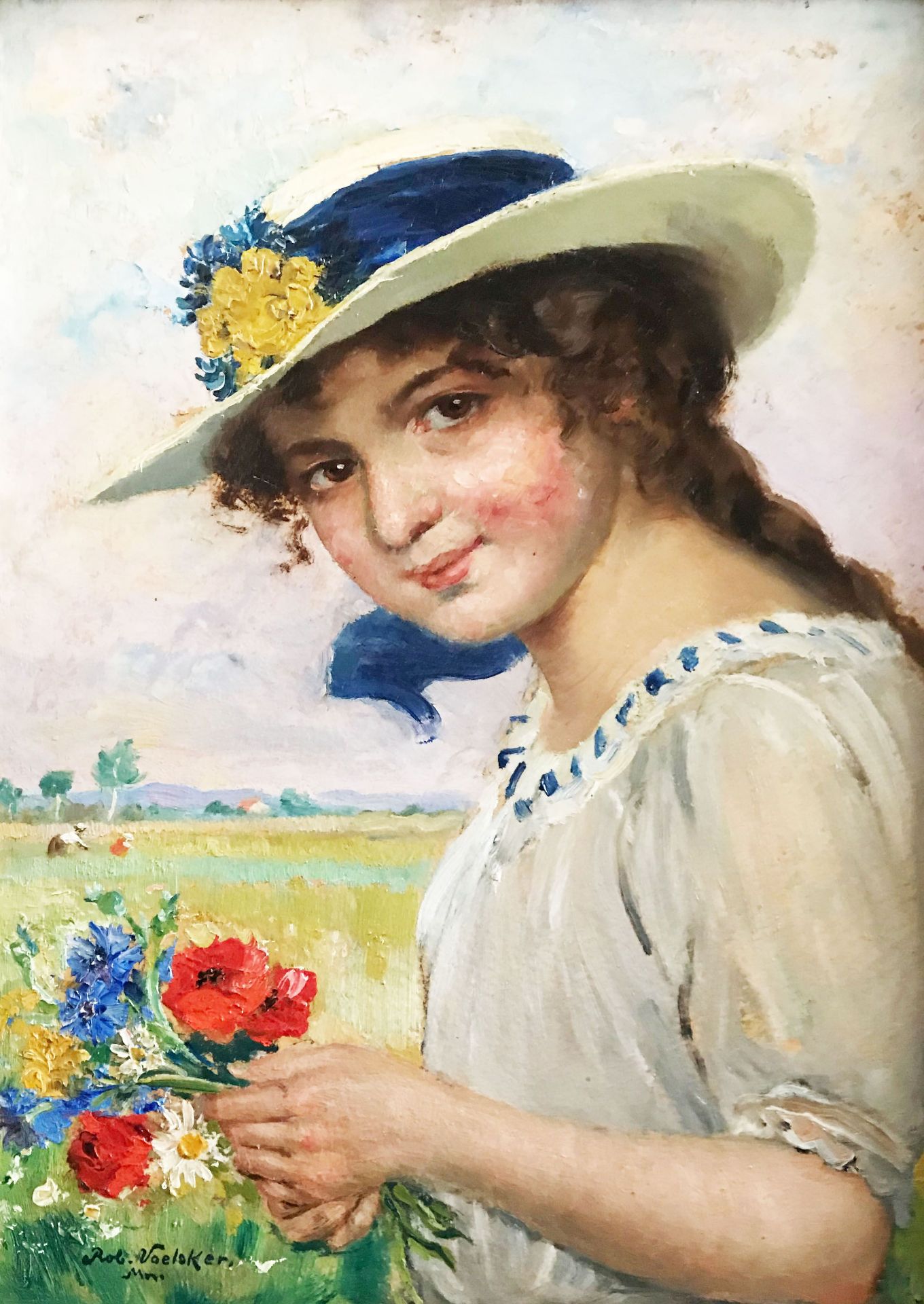 Robert Voelcker (Dohna 1854 - 1924 München), Portrait einer jungen Frau bzw eines Mädchens mit Hut