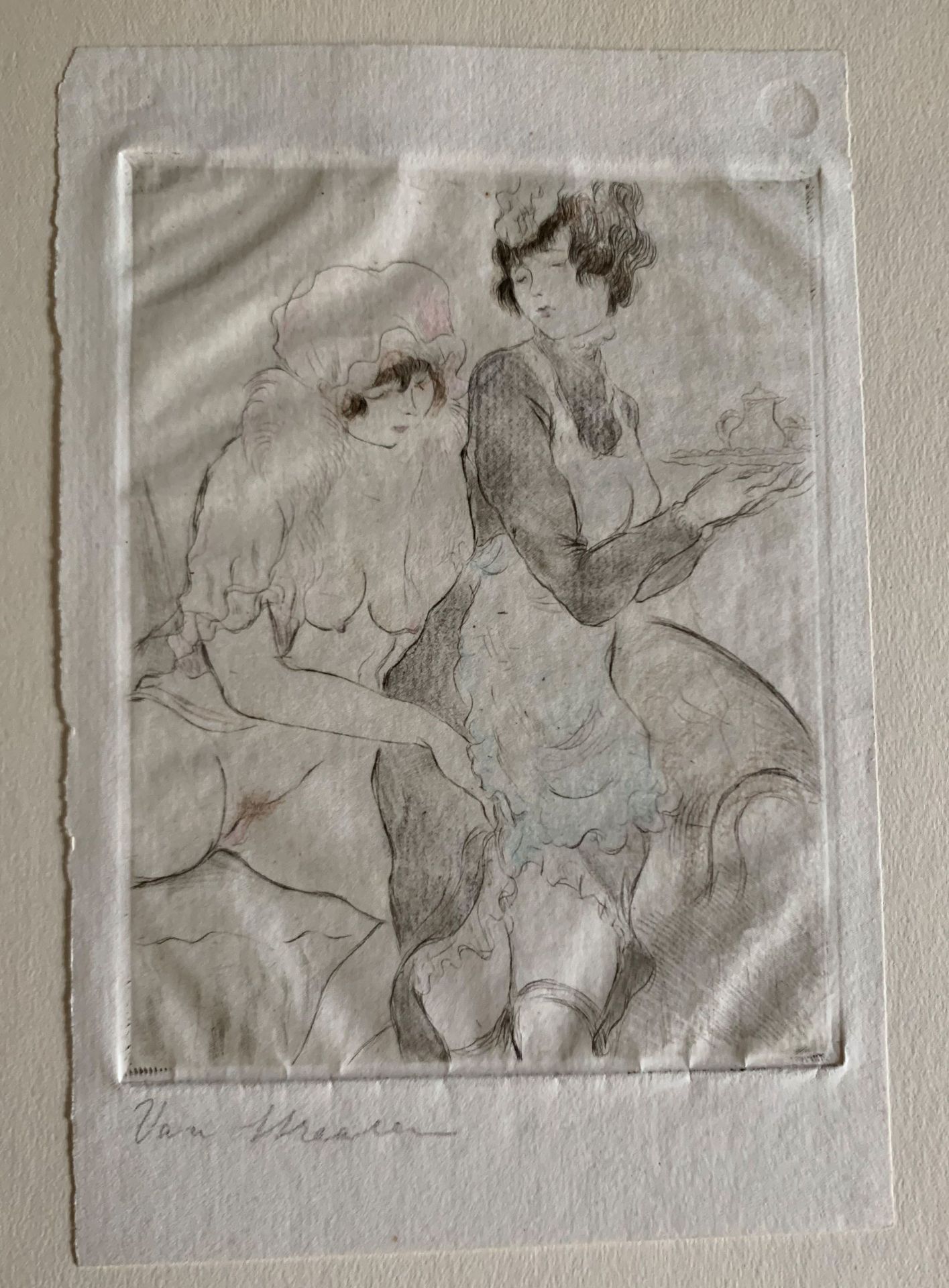 Erotik / Erotica: Van Straaten, 2 Mädchen beim Sex, Radierung, handkoloriert, handsigniert, 16 x 12 