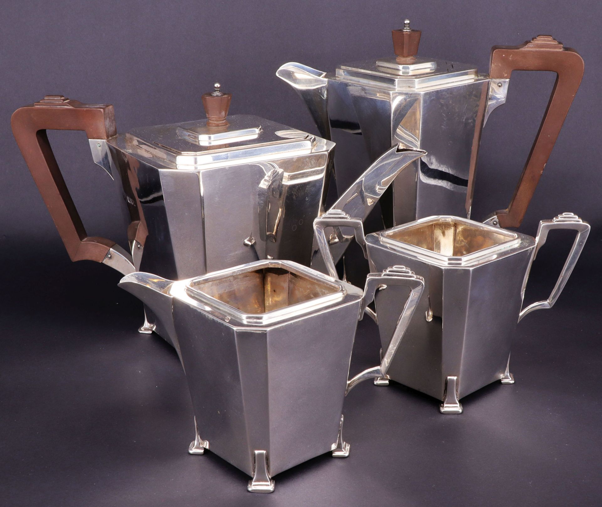 Kaffee- und Teeservice, Art Deco, Silber, Birmingham und Chester, 1933, 4-teilig: Kaffeekanne,