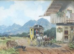Karl Rohrhirsch (1875-1954), Postkutsche vor einem Bauernhaus mit Blick auf alpenländische Bergkulis