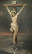 Unbekannter Künstler, um 1900. Kreuzigung Christi vor dunkler Landschaft, Altersspuren, Farbverluste