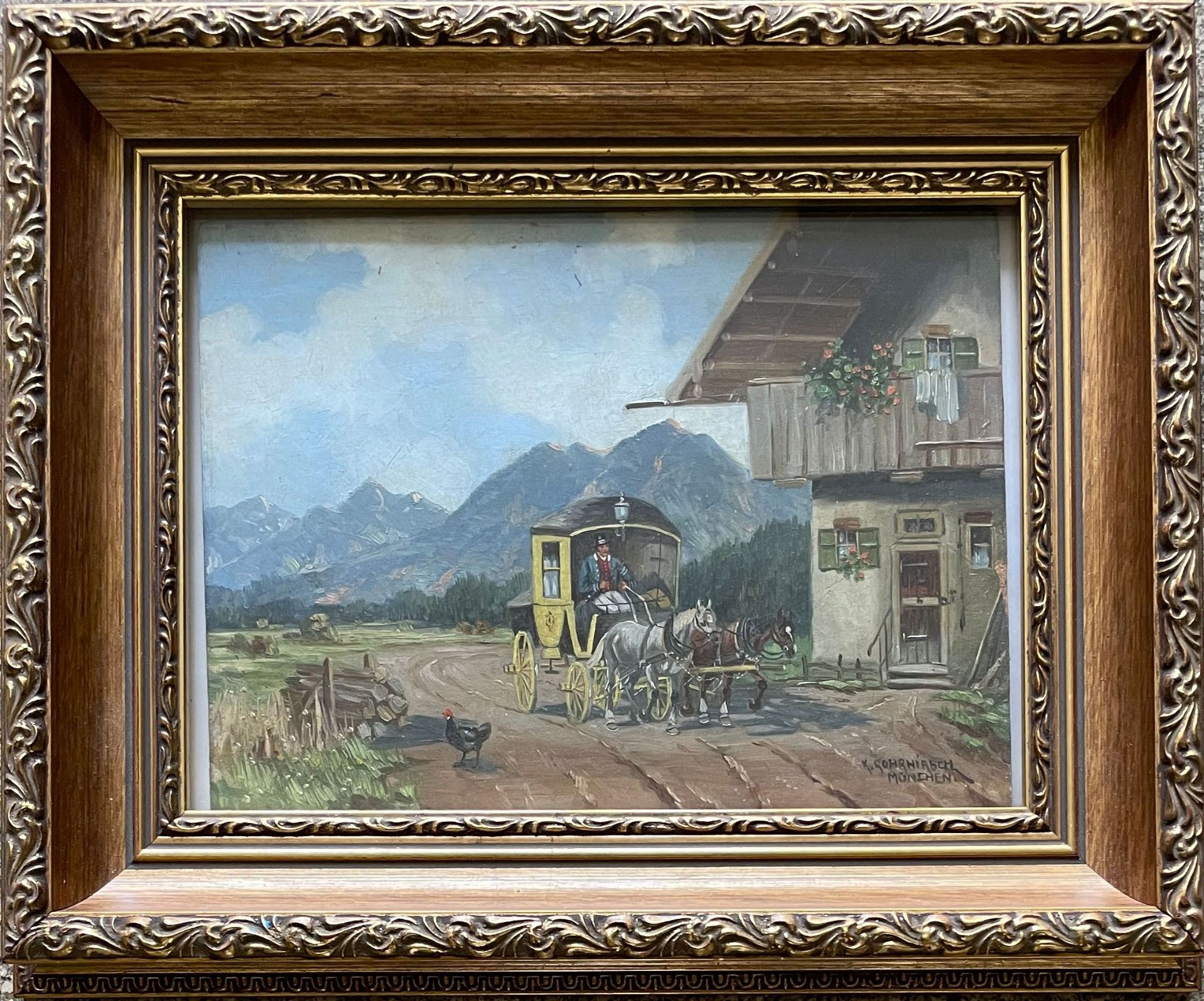 Karl Rohrhirsch (1875-1954), Postkutsche vor einem Bauernhaus mit Blick auf alpenländische Bergkulis - Bild 2 aus 4