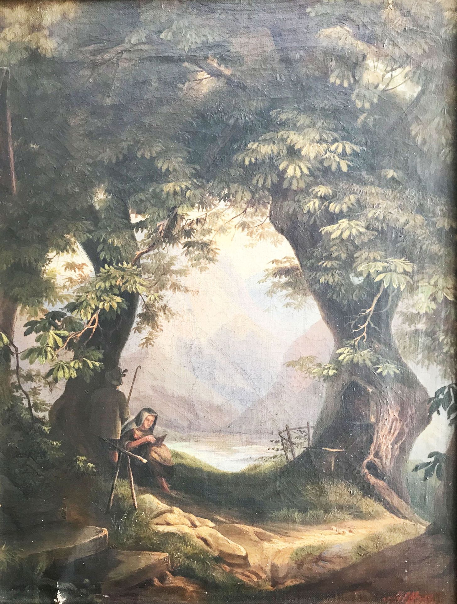Unbekannter Künstler, 19. Jh., Josef und Maria auf der Rast unter Bäumen mit schönem Ausblick auf ei