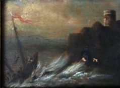 Unbekannter Künstler, 19./20. Jhd., Schiff in Seenot, auf eine Burg zutreibend, Öl/Holz, Farbverlust