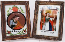 Zwei Hinterglas-Bilder in Holzrahmen, süddeutsch, 19. Jh., Hl. Matalena und Hl. Nothburga, je 18 x 1