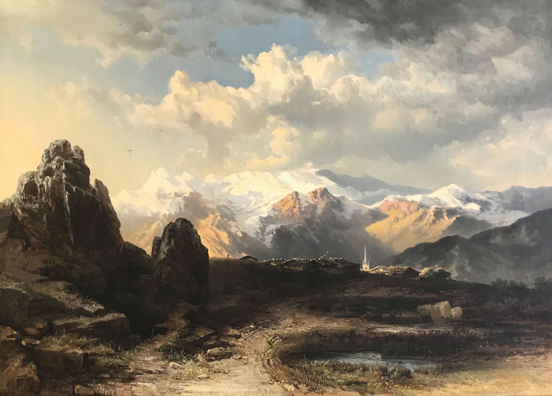 PETERS, Pieter Francis (1818-1903), Felsige Landschaft mit Dorf und Kirchturm, im Hintergrund im zar