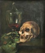 Unbekannter Künstler, Vanitas-Stillleben mit Totenkopf und Weinglas vor dunklem Hintergrund, Öl/Lwd.