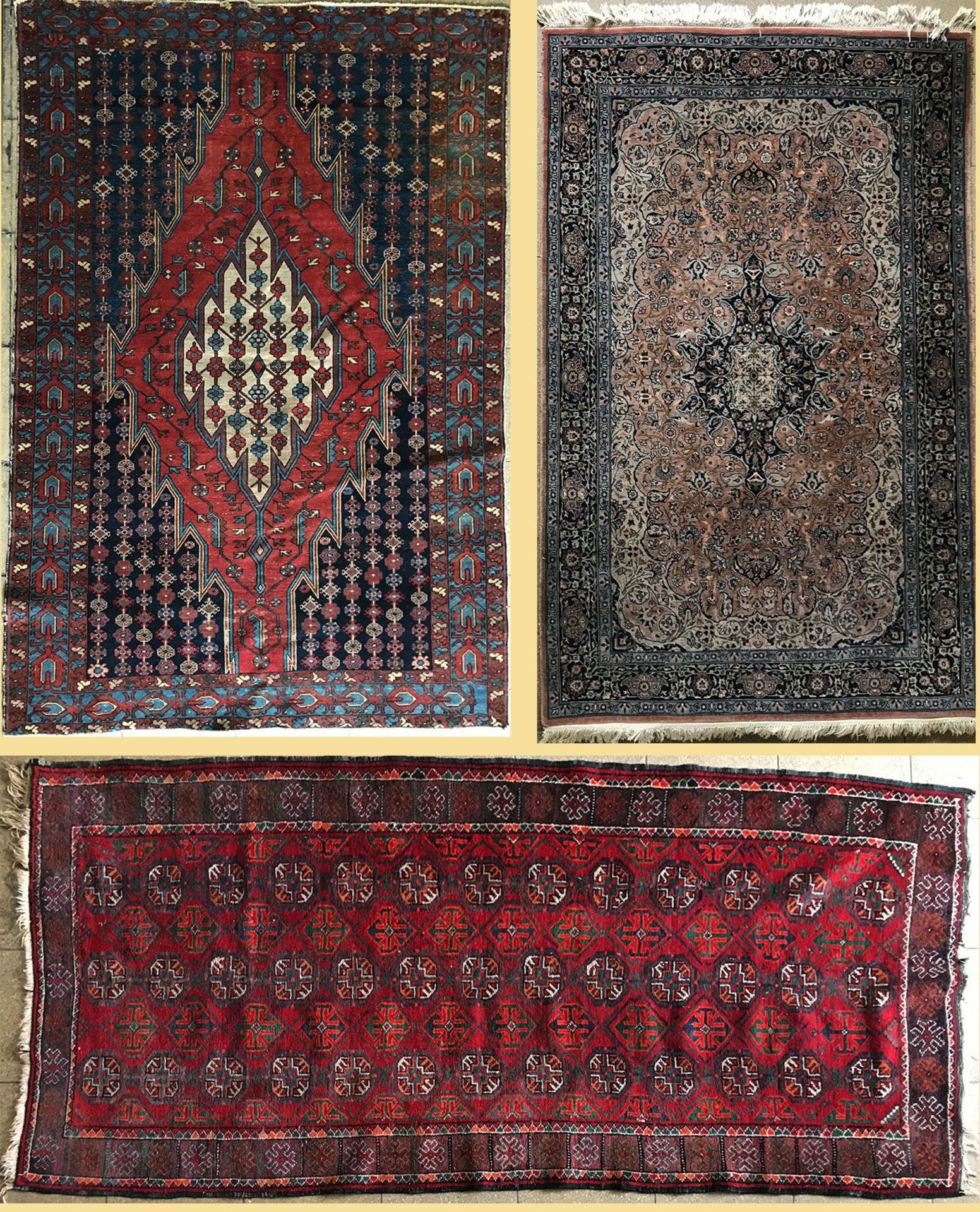 3 Orientteppiche, u. a. Kashmir, Indien, ca. 70 Jahre alt, 225 x 140 cm; rotgrundiger Art Läufer, 21