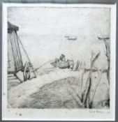 Erich Dummer (1889-1929, Lübecker Künstler), Strandszene mit Badekarren und Booten, ca. 1921/22, mon
