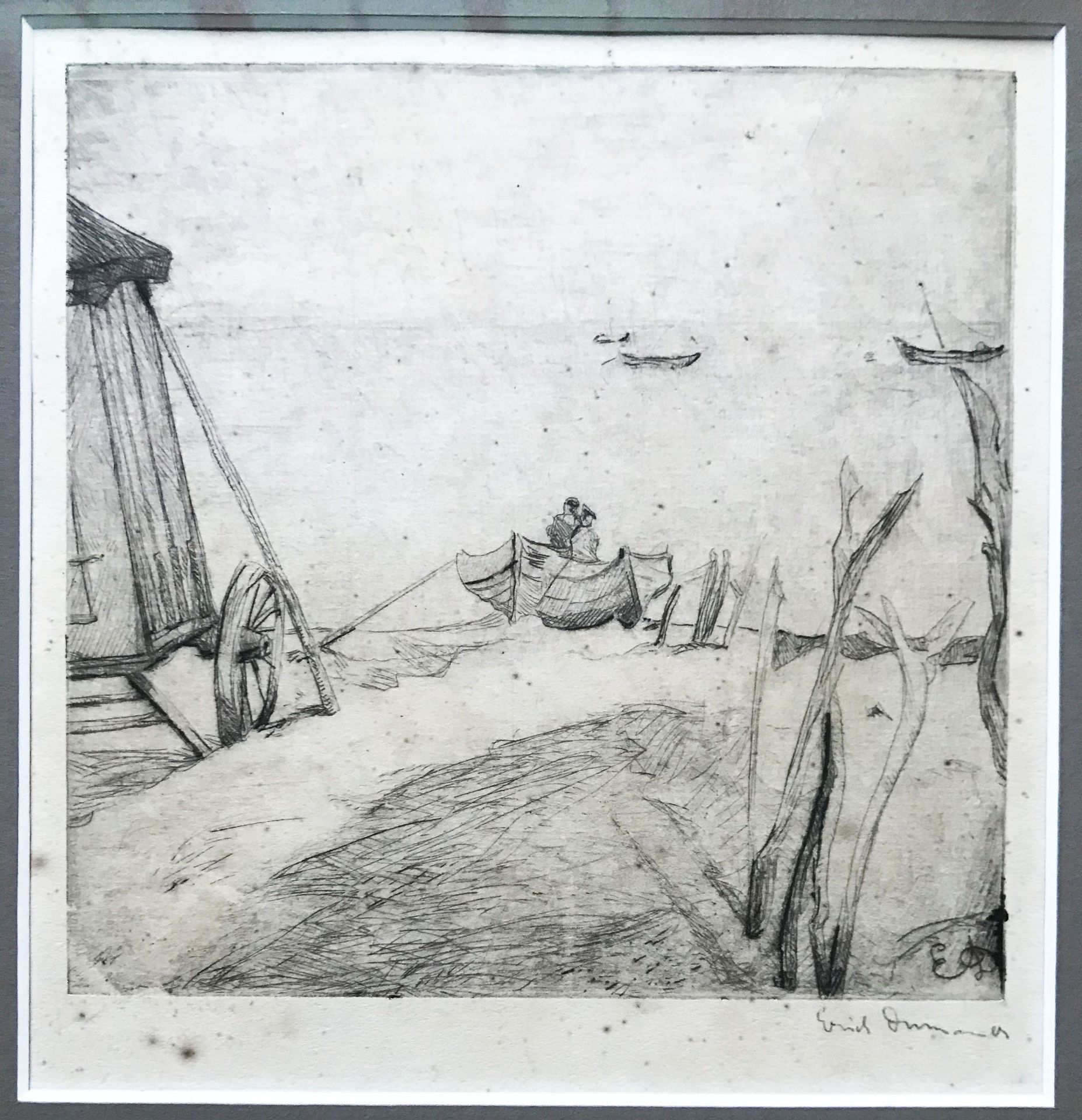 Erich Dummer (1889-1929, Lübecker Künstler), Strandszene mit Badekarren und Booten, ca. 1921/22, mon