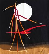 Marc Petit (*1932), Wandteppich, Wolle, gewebt, rot-orange-gelbe pflanzenartige Formen vor schwarzem