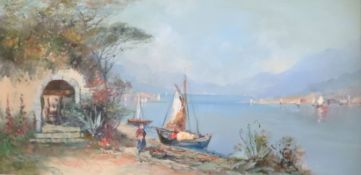 Unbekannter Künstler, Italienische Landschaft. Blick auf eine Uferzone mit Haus, Boot und Mann, Gewä