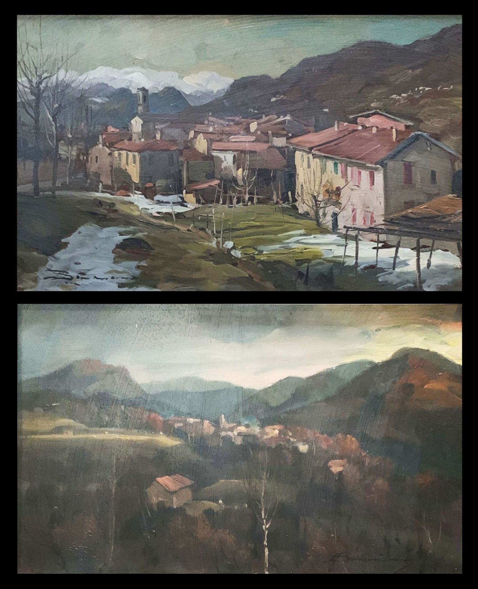 Arturo Bonanomi (1920-2010), zwei Ansichten italienischer Dörfer in den Bergen, sign., Öl je 24 x 38