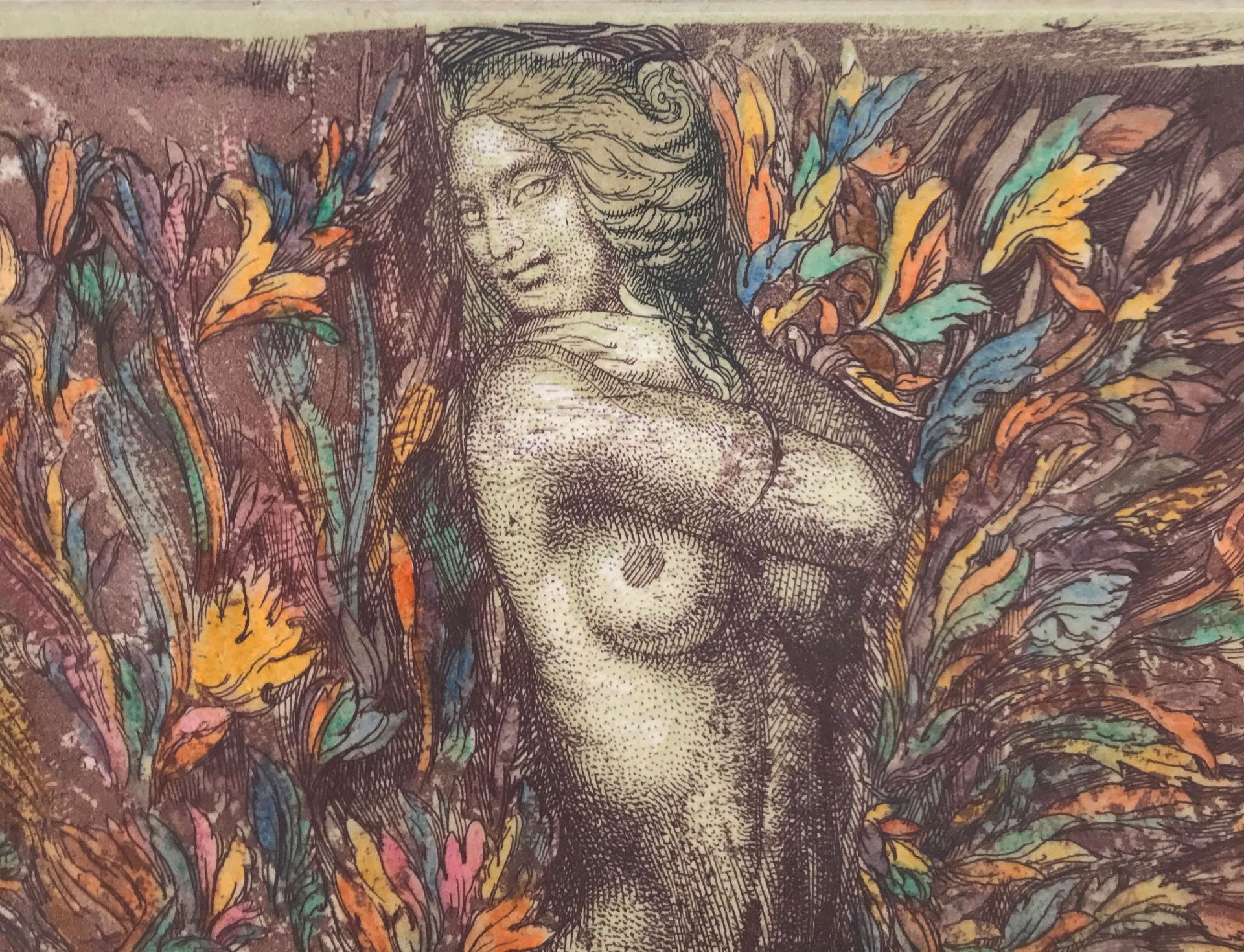 Ernst Fuchs, Nackte Frau liegend mit Schlange sowie einer weiteren barbusigen Dame, die einem vielbl - Bild 5 aus 6