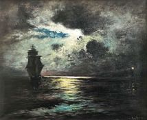 Unbekannter Maler, 20. Jh., Nächtliche Meerlandschaft mit Segelboot und stimmungsvollem Mondlicht, u