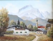 Maier, Landschaft mit Almhütten und Dorfkirche, im Hintergrund Berge, signiert und datiert '69, Öl/H