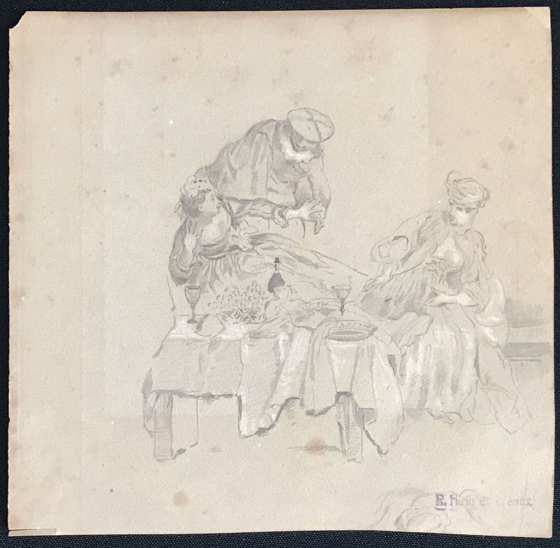 Rudolf Hirth du Frenes (1846-1916), drei Zeichnungen: am Tresen, sign., 11,5 x 12,5 cm; galante Szen - Bild 3 aus 4